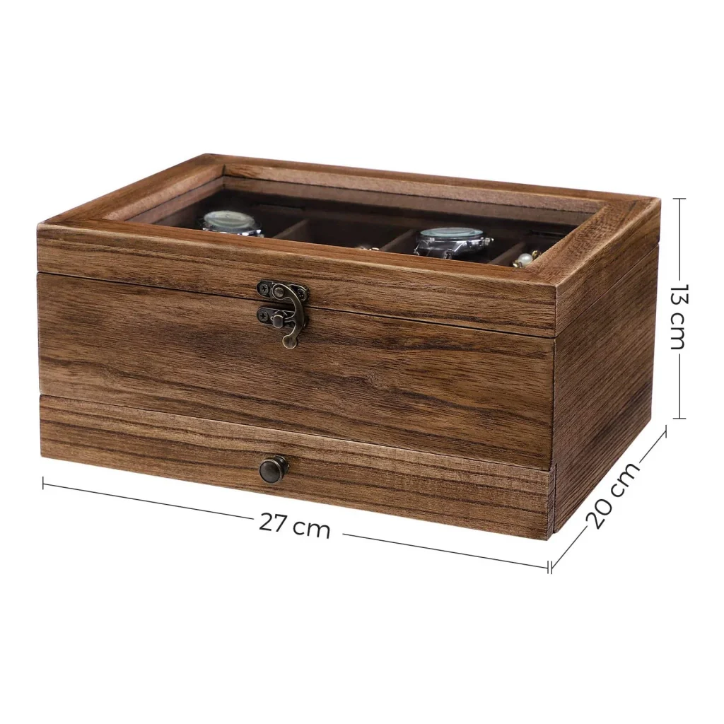 Scatola per orologi vetrina per gioielli scatola per gioielli in legno massello a 8 scomparti con anta in vetro e cuscini per anelli e braccialetti regalo di Natale marrone 12_0004390 - Image 2