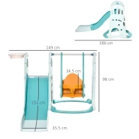 Scivolo 3 in 1 per Bambini con Altalena Regolabile, Canestro e Palle per Cameretta e Giardino, 149x186x98cm, Blu e Arancione - Image 3