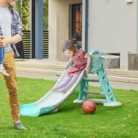 Scivolo per Bambini da 18 Mesi Pieghevole con 3 Scalini e Canestro Basket, 140x87x75cm, Blu e Grigio - Image 2