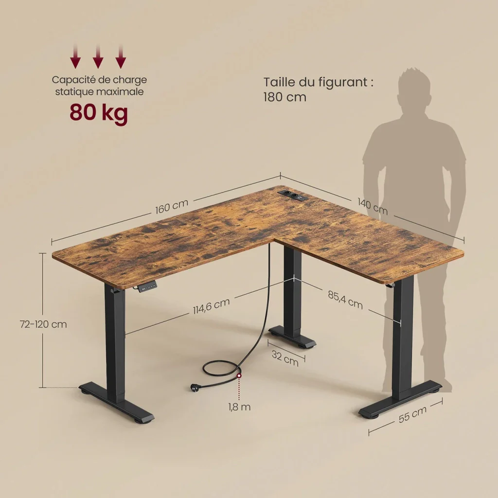 Scrivania angolare elettrica regolabile in altezza 140 x 160 cm con multipresa funzione memory 2 impostazioni di altezza per lavoro a distanza marrone 12_0004614 - Image 4