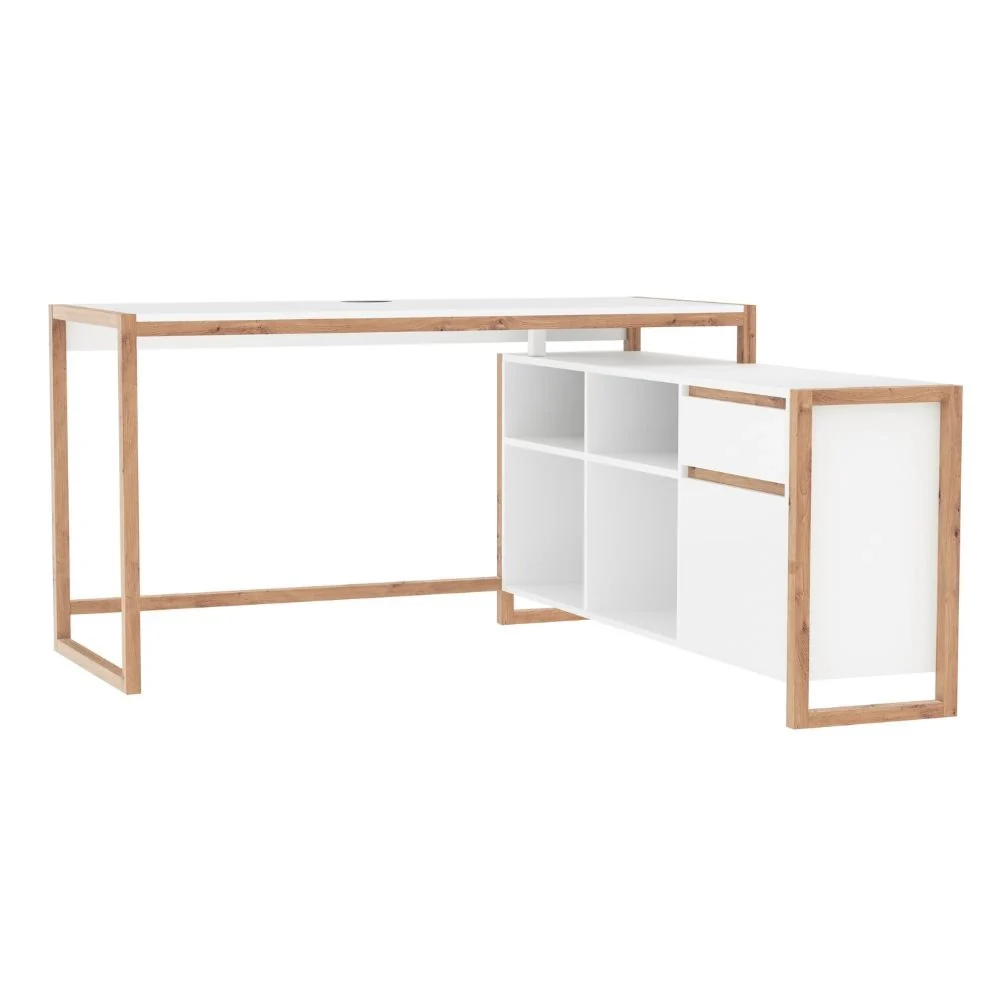 Scrivania angolare New Denver37A reversibile con 1 cassetto 1 anta e 4 ripiani in bianco e rovere
