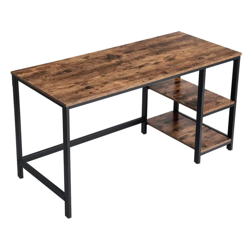 Scrivania con contenitore, tavolo porta computer con 2 ripiani reversibili, postazione di lavoro per telelavoro, soggiorno, struttura in acciaio, stile industriale, 140 cm, marrone rustico e nero 12 0001282