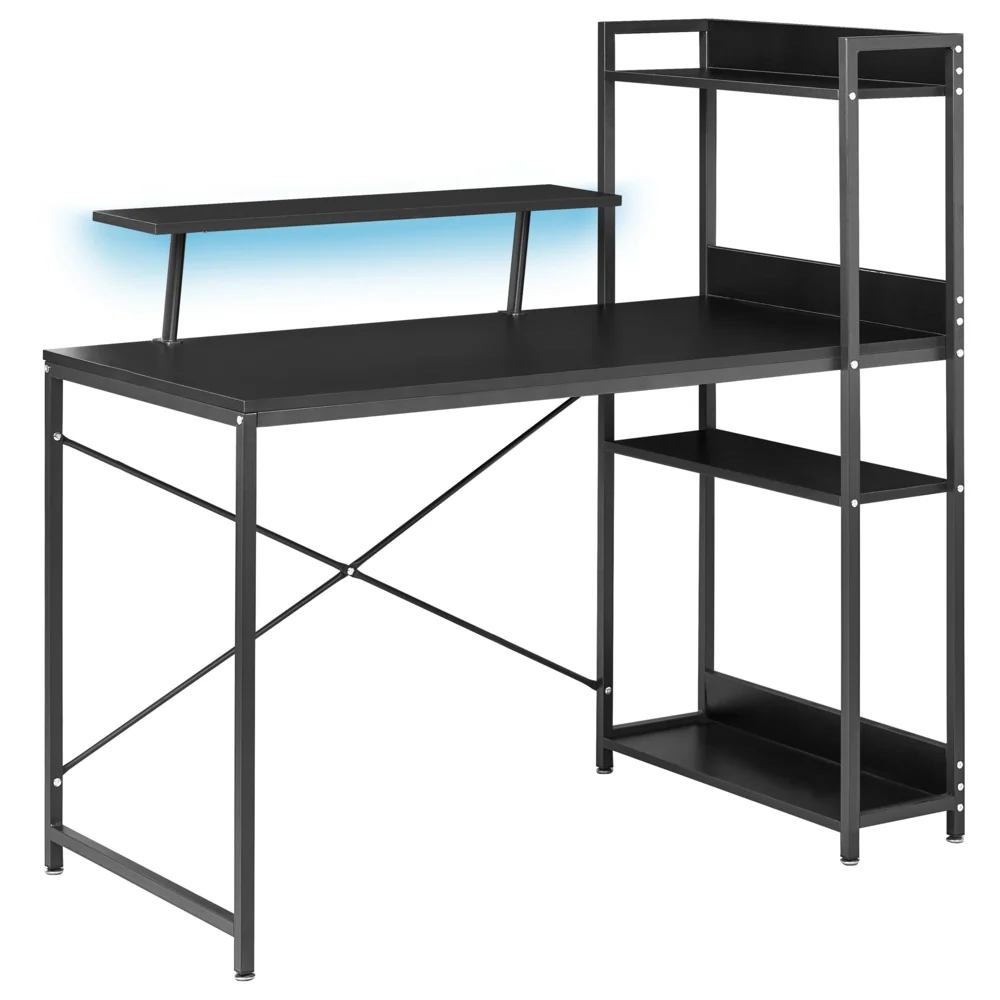 Scrivania da gioco LED Piano in MDF nero Struttura con gambe in ferro verniciata a polvere 5 ripiani Supporto per monitor Moderno