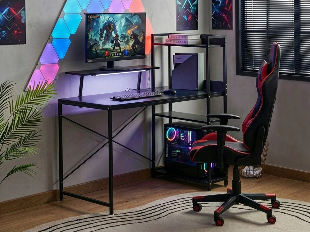 Scrivania da gioco LED Piano in MDF nero Struttura con gambe in ferro verniciata a polvere 5 ripiani Supporto per monitor Moderno - Image 3