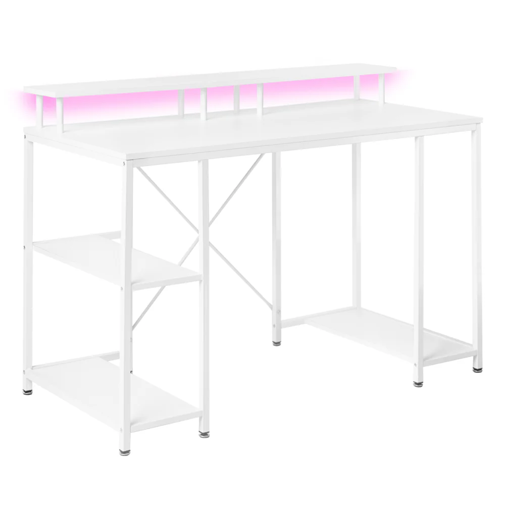 Scrivania da gioco Piano in MDF bianco Gambe e struttura in ferro verniciato a polvere LED 3 ripiani Scrivania moderna