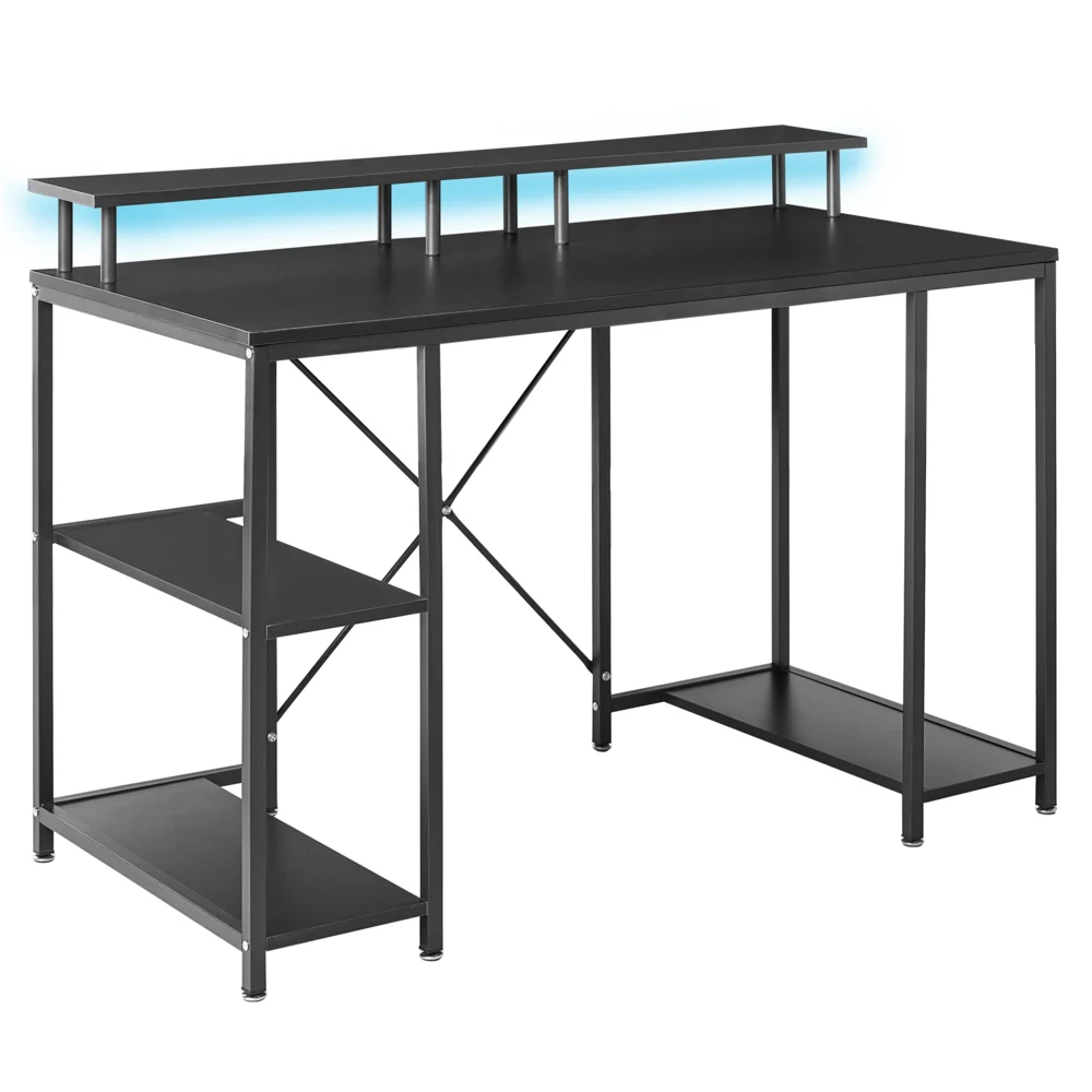 Scrivania da gioco Piano in MDF nero Gambe e struttura in ferro verniciato a polvere LED 3 ripiani Scrivania moderna