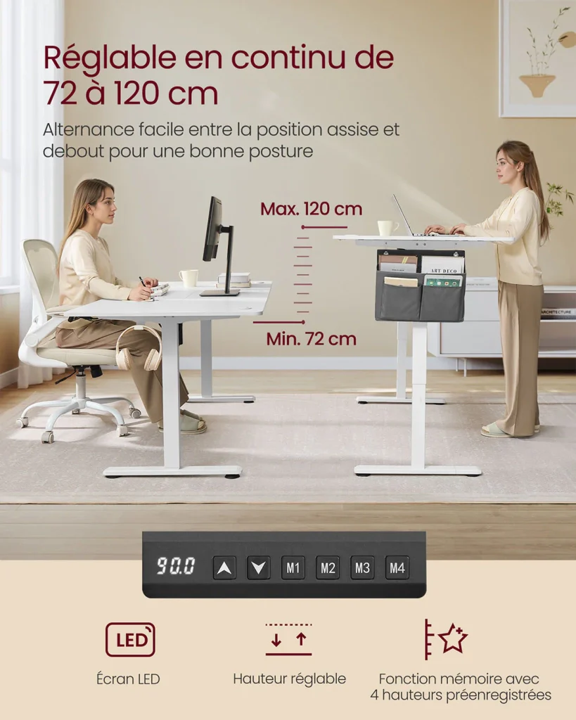 Scrivania elettrica regolabile in altezza 60 x 120 cm 4 posizioni di memoria tasca portaoggetti bianca 12_0004586 - Image 3