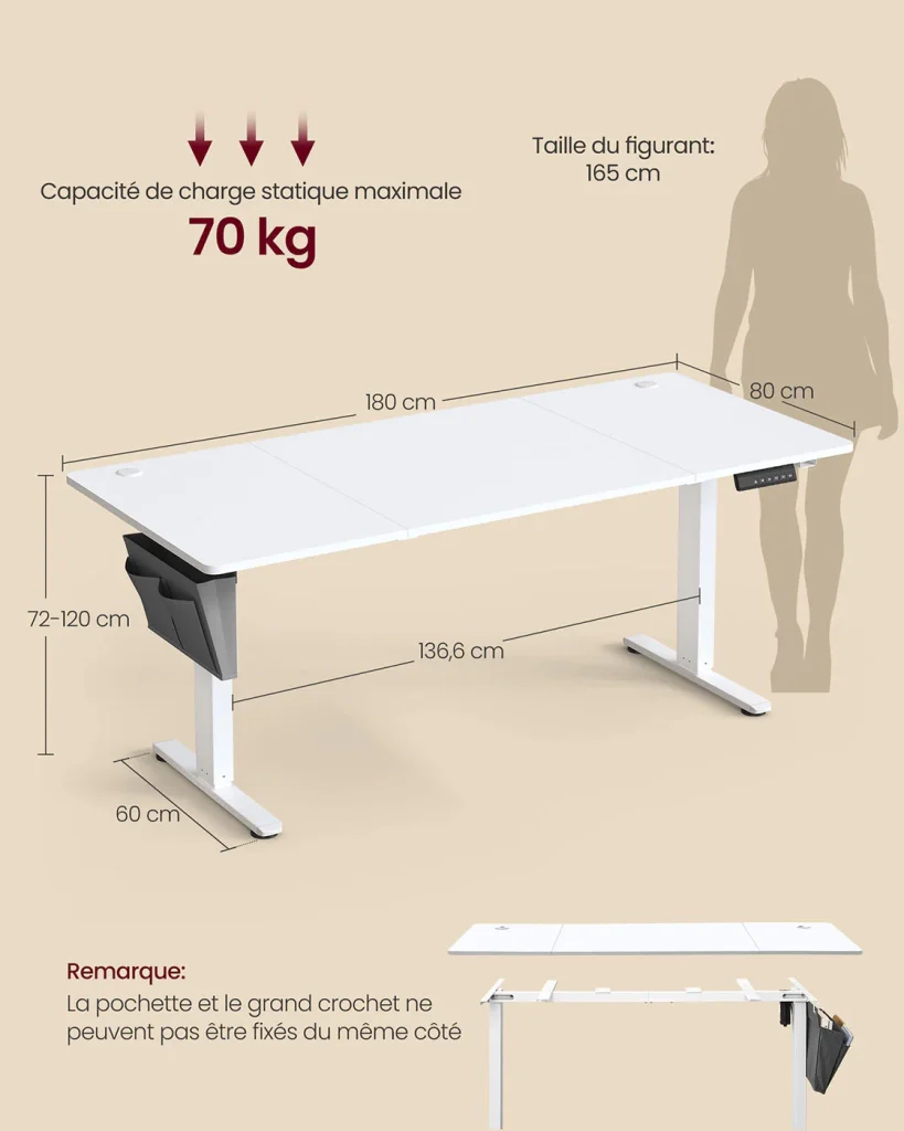 Scrivania elettrica regolabile in altezza 60 x 120 cm 4 posizioni di memoria tasca portaoggetti bianca 12_0004586 - Image 4