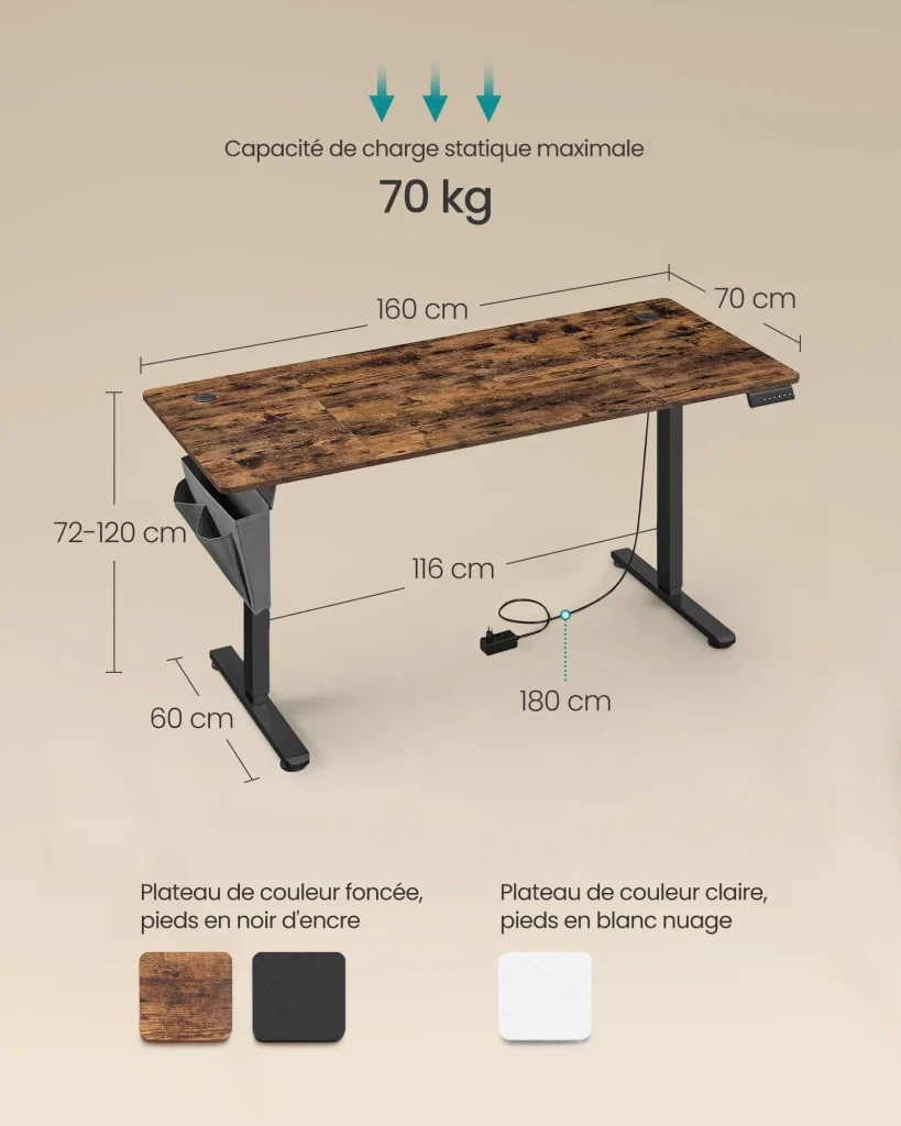 Scrivania elettrica regolabile in altezza 60 x 120 x (72-120) cm 4 posizioni di memoria dell'altezza custodia per scrivania 12_0004582 - Image 3