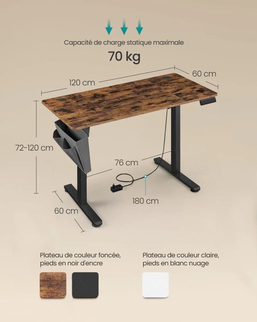 Scrivania elettrica regolabile in altezza 60 x 120 x (72-120) cm 4 posizioni di memoria custodia portaoggetti marrone 12_0004577 - Image 4