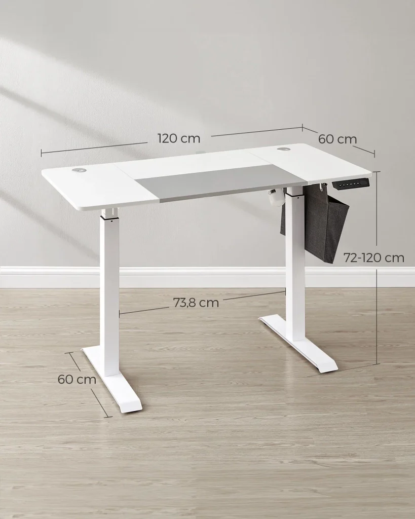 Scrivania elettrica sit-stand 60 x 120 x (72-120) cm tavolo regolabile in altezza con funzione memory 4 impostazioni di altezza tasca portaoggetti struttura in acciaio piano del tavolo bianco spesso 12_0004548 - Image 5