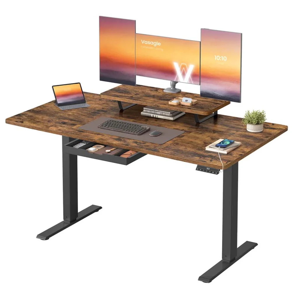 Scrivania regolabile elettricamente in altezza 140 x 70 cm con braccio flessibile per monitor cassetto porta USB-C e promemoria sedentario per il lavoro da remoto marrone 12_0008039