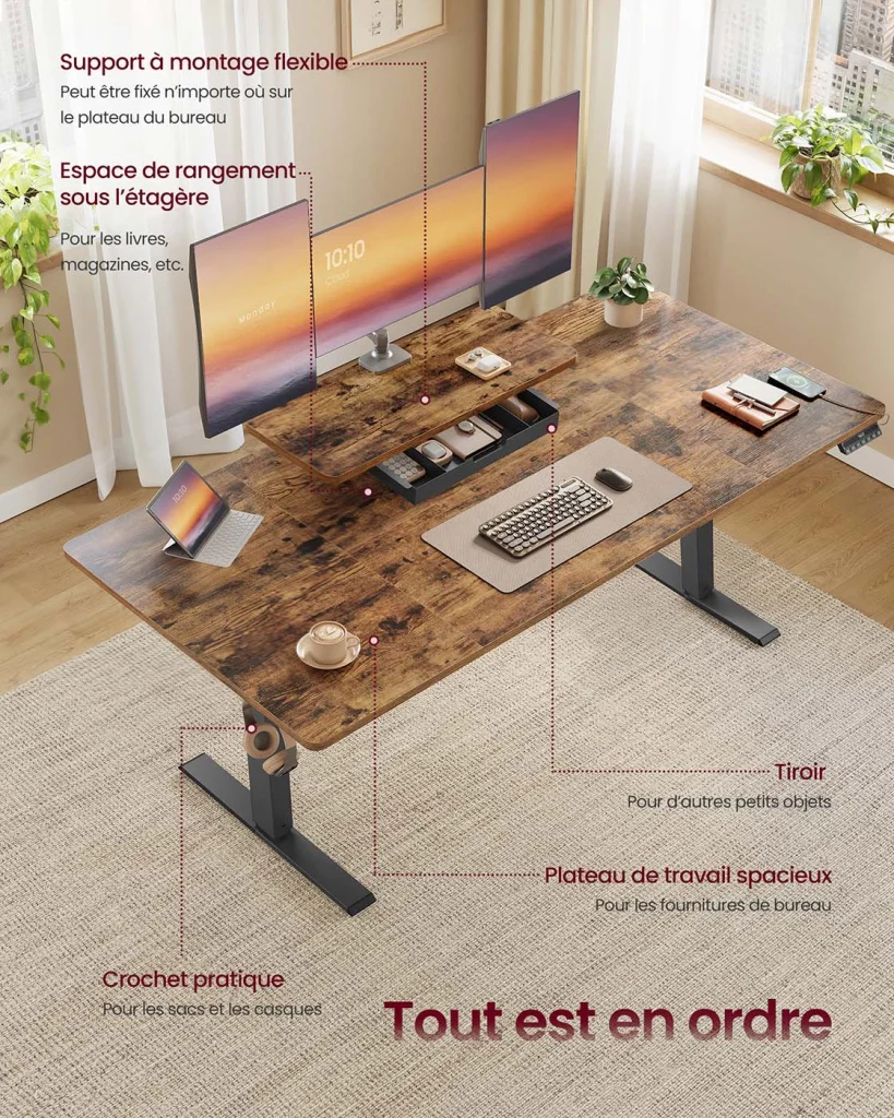 Scrivania regolabile elettricamente in altezza 140 x 70 cm con braccio flessibile per monitor cassetto porta USB-C e promemoria sedentario per il lavoro da remoto marrone 12_0008039 - Image 3