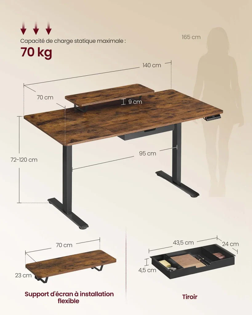 Scrivania regolabile elettricamente in altezza 140 x 70 cm con braccio flessibile per monitor cassetto porta USB-C e promemoria sedentario per il lavoro da remoto marrone 12_0008039 - Image 6