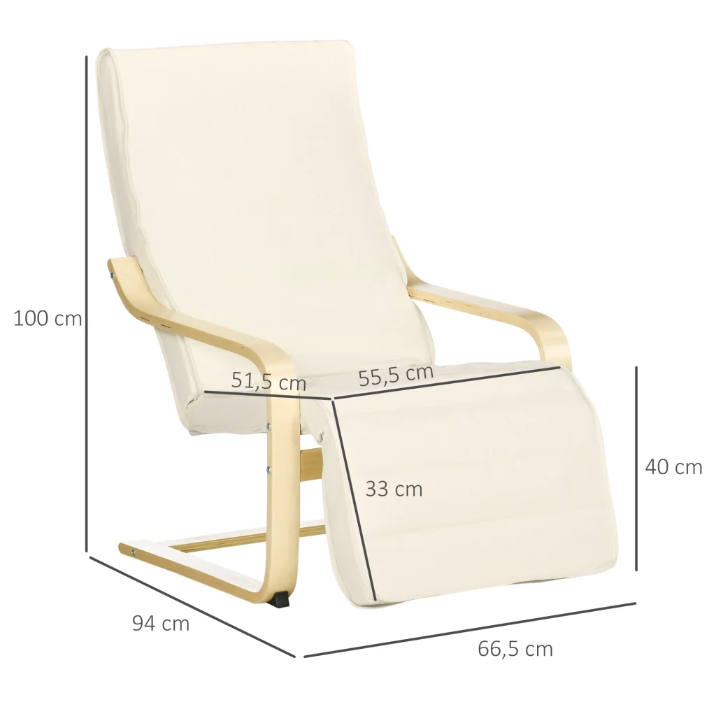 Sdraio comfort in legno di betulla poggiapiedi morbido 5 posizioni carico 120kg 66 5×94×100cm crema - Image 3