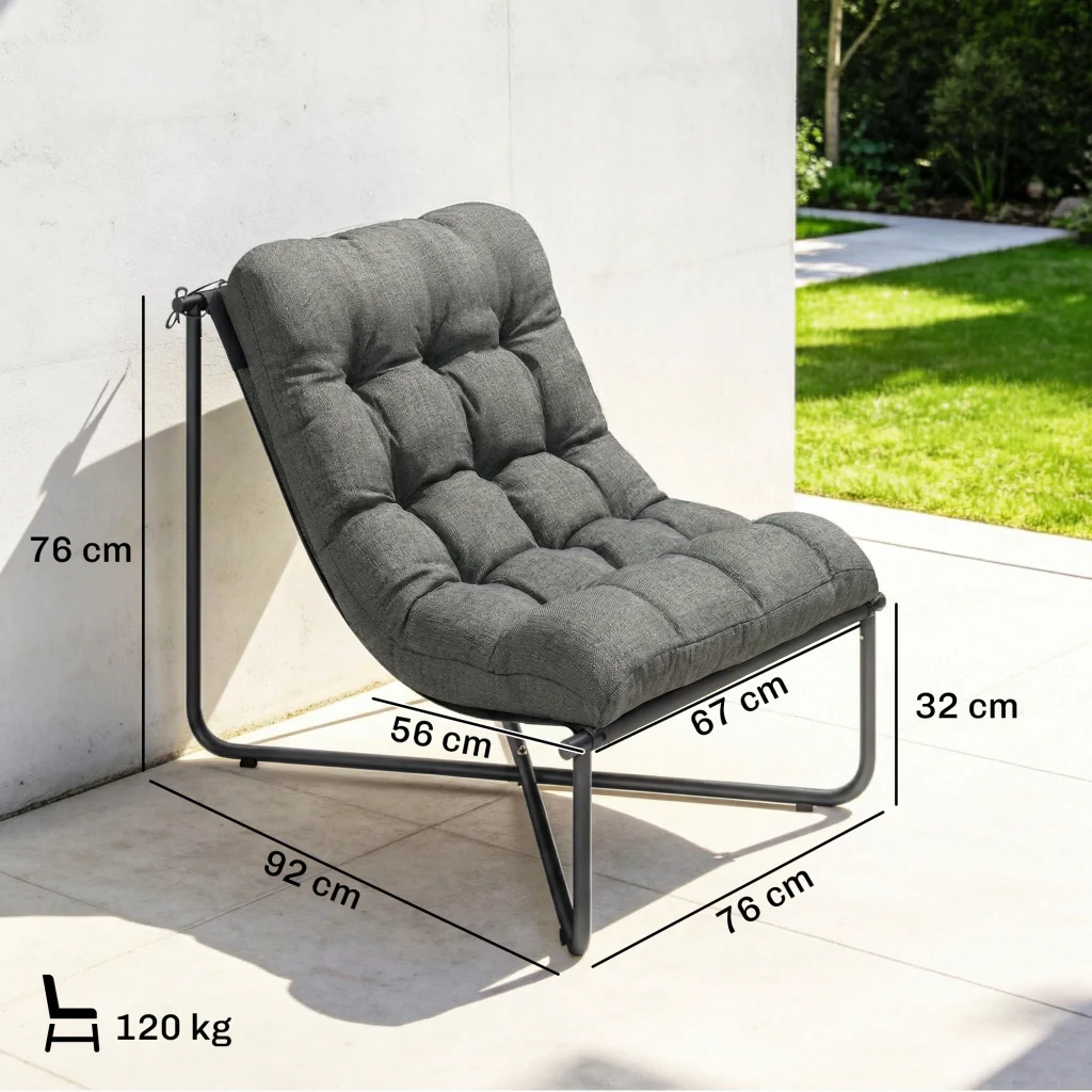 Sdraio da salotto giardino esterno poltrona ergonomica con cuscino adatto alla pelle ampio telaio in acciaio grigio - Image 3