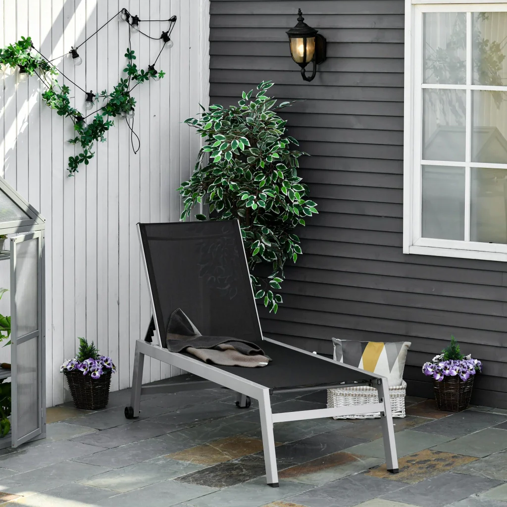 Sdraio sdraio da giardino schienale a 5 gradini alluminio nero 202 x 65 x 43 cm - Image 2