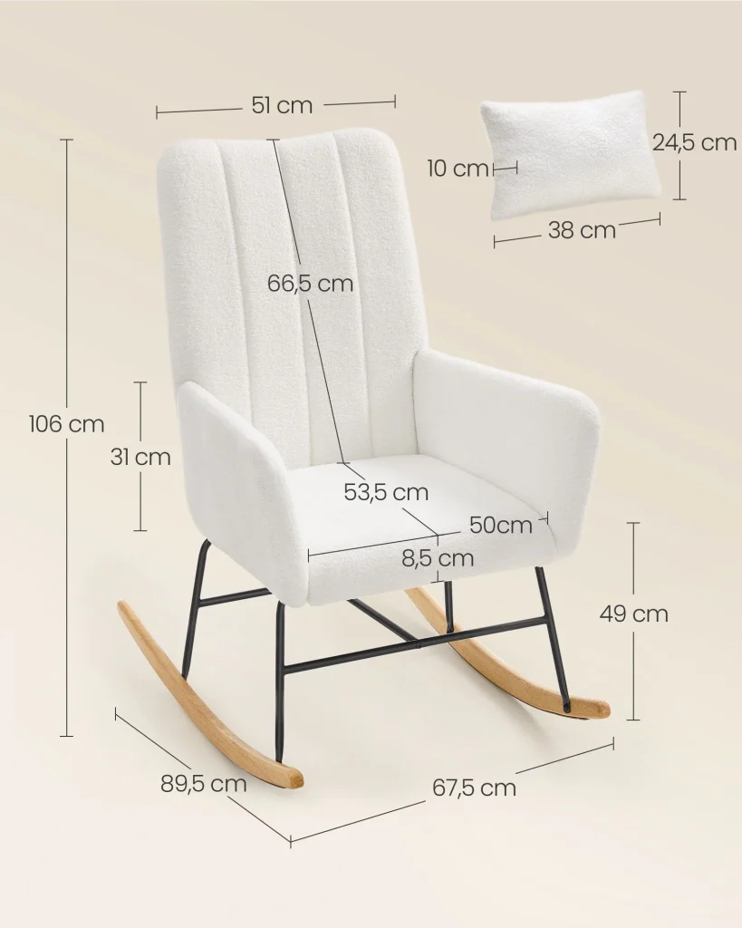 Sedia a dondolo con braccioli superficie in tessuto felpato struttura in acciaio gambe in legno di hevea capacità di carico 160 kg per camera da letto/soggiorno bianco crema 12_0006070 - Image 3
