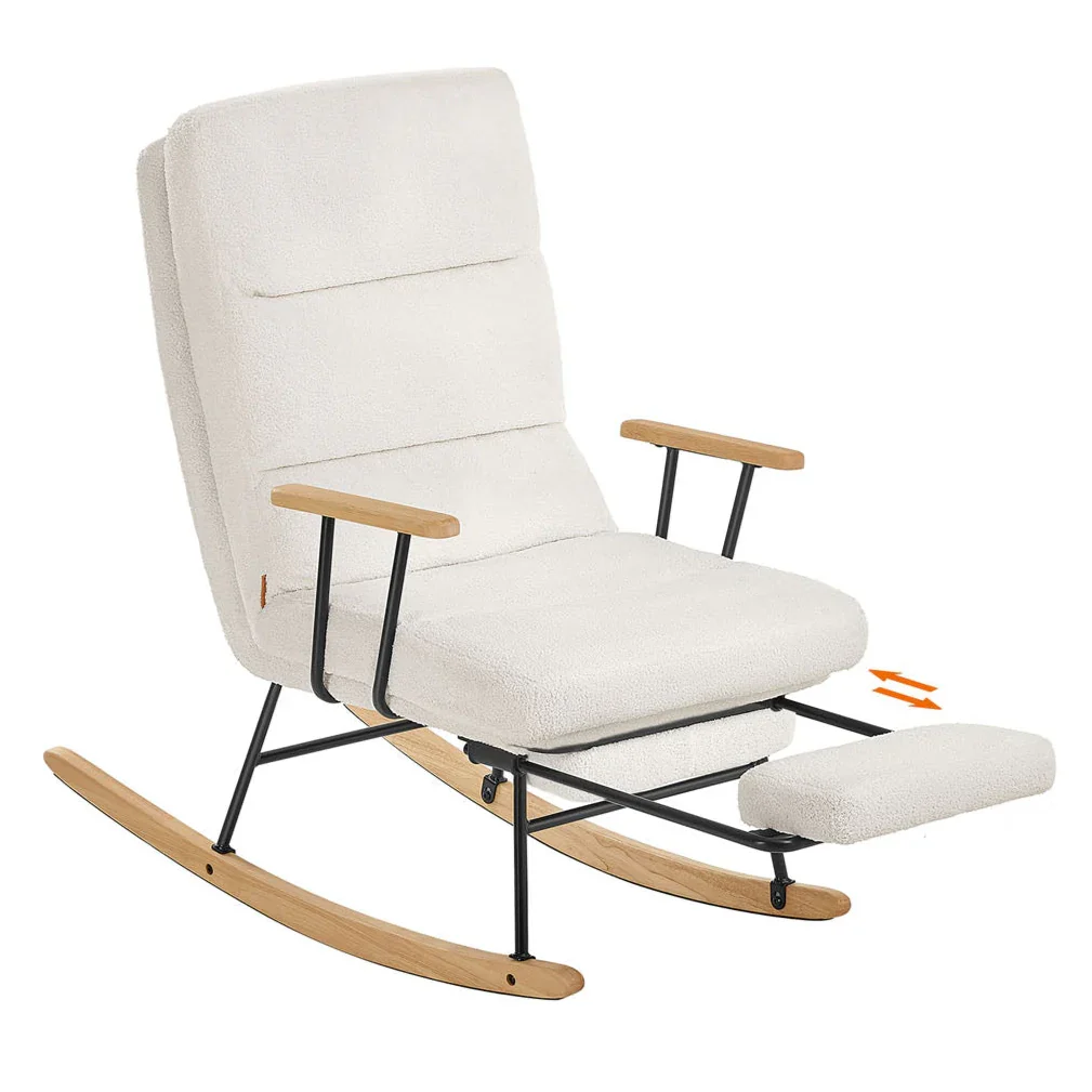 Sedia a dondolo con gambe in legno di caucciù sedia a dondolo in tessuto felpato schienale regolabile in 4 posizioni supporta fino a 160 kg per camera da letto e soggiorno bianco crema 12_0006072