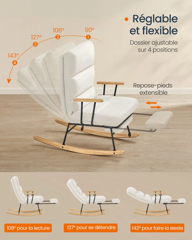 Sedia a dondolo con gambe in legno di caucciù sedia a dondolo in tessuto felpato schienale regolabile in 4 posizioni supporta fino a 160 kg per camera da letto e soggiorno bianco crema 12_0006072 - Image 2
