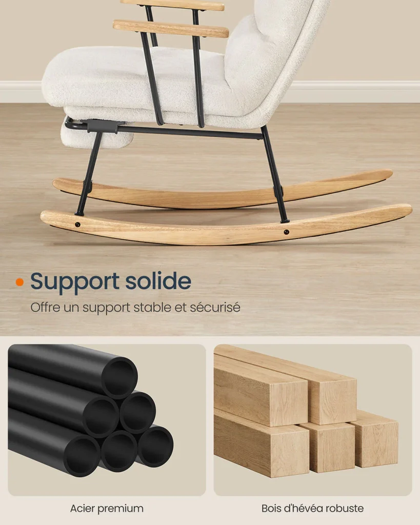 Sedia a dondolo con gambe in legno di caucciù sedia a dondolo in tessuto felpato schienale regolabile in 4 posizioni supporta fino a 160 kg per camera da letto e soggiorno bianco crema 12_0006072 - Image 3