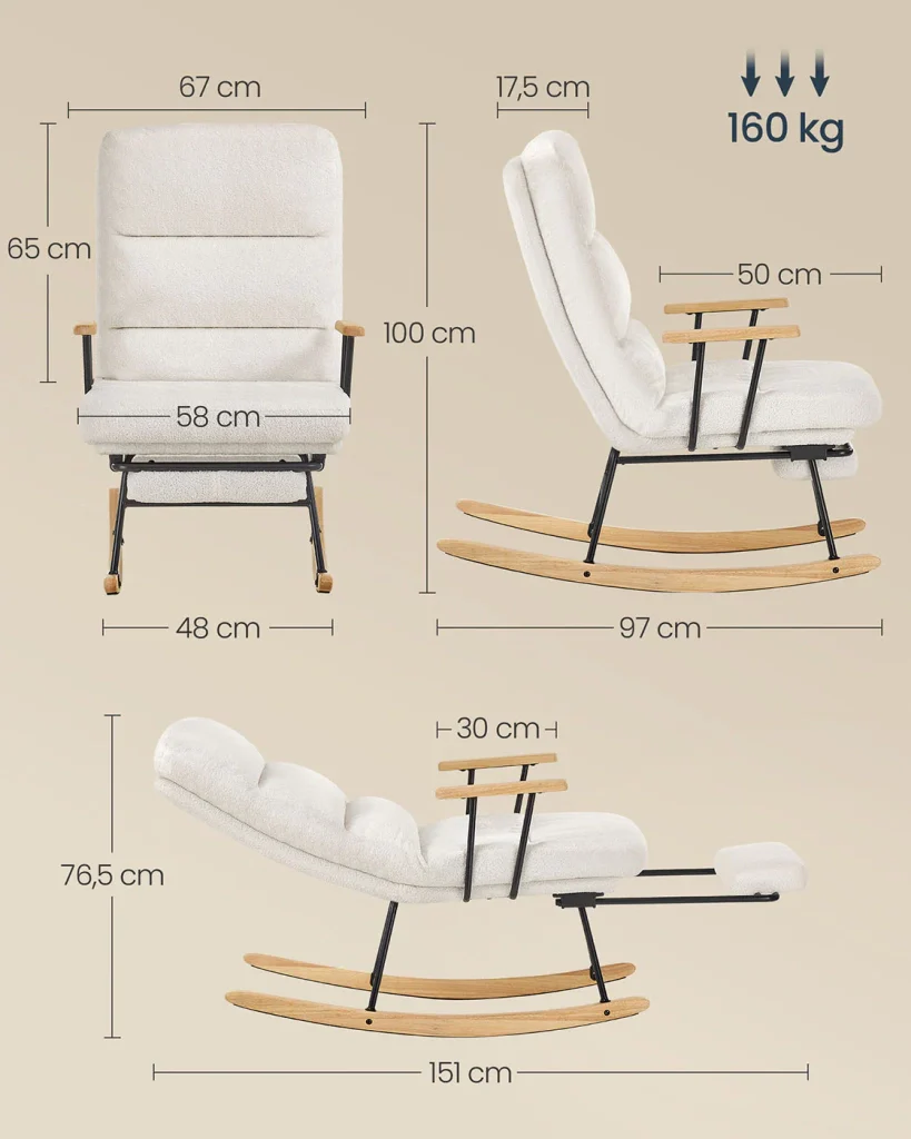 Sedia a dondolo con gambe in legno di caucciù sedia a dondolo in tessuto felpato schienale regolabile in 4 posizioni supporta fino a 160 kg per camera da letto e soggiorno bianco crema 12_0006072 - Image 4