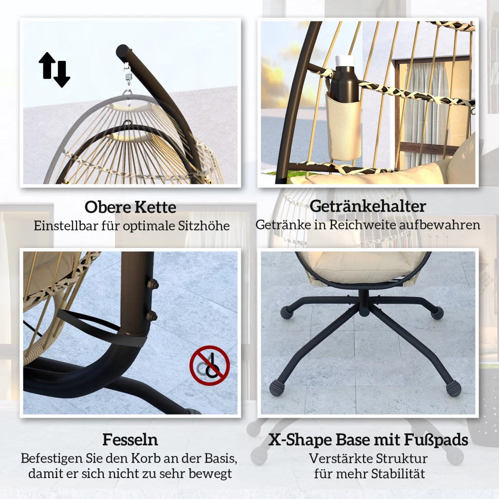 Sedia a dondolo sospesa da esterno con sedile pieghevole in vimini e cuscini gamba poggiatesta portabicchieri kaki - Image 7