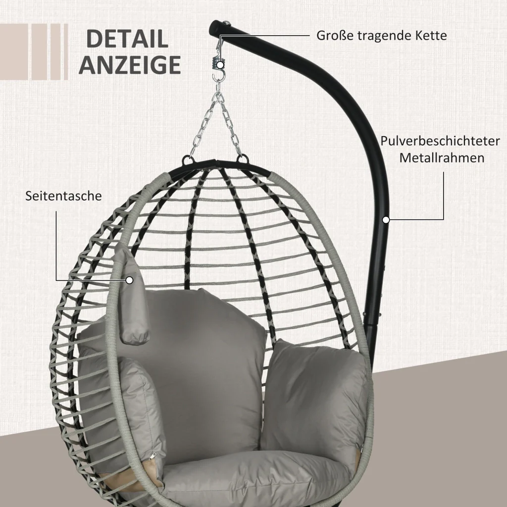 Sedia amaca sedile e cuscini dello schienale cesto pieghevole portabicchieri telaio in metallo grigio - Image 7