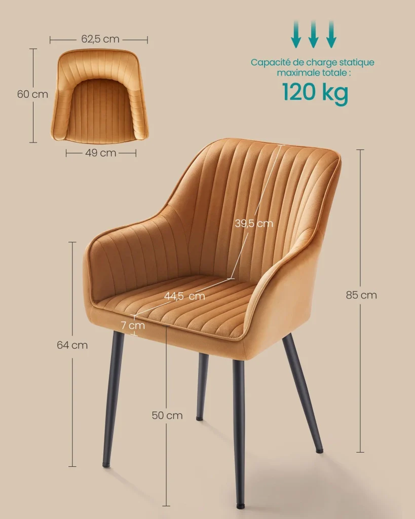 Sedia da pranzo poltrona seduta imbottita con braccioli larghezza seduta 49 cm gambe in metallo rivestimento in velluto portata 110 kg per soggiorno o camera da letto marrone 12_0004908 - Image 4