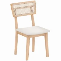 Sedia da pranzo, Schienale in rattan, Seduta in ecopelle, Legno di gomma, Legno naturale