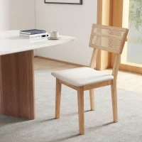 Sedia da pranzo, Schienale in rattan, Seduta in ecopelle, Legno di gomma, Legno naturale - Image 2