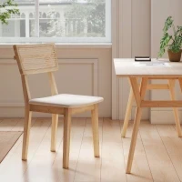 Sedia da pranzo, Schienale in rattan, Seduta in ecopelle, Legno di gomma, Legno naturale - Image 3