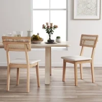 Sedia da pranzo, Schienale in rattan, Seduta in ecopelle, Legno di gomma, Legno naturale - Image 4