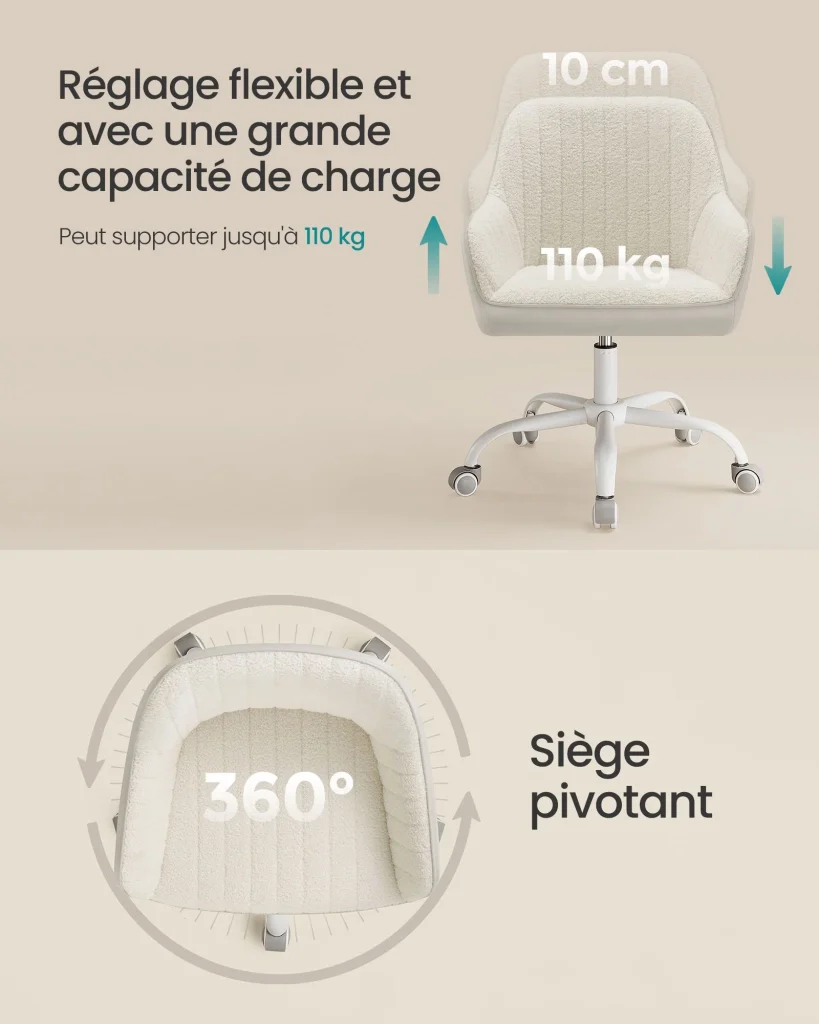 Sedia da ufficio con superficie in velluto sedia girevole seduta ergonomica imbottitura in schiuma altezza regolabile beige 12_0004852 - Image 4