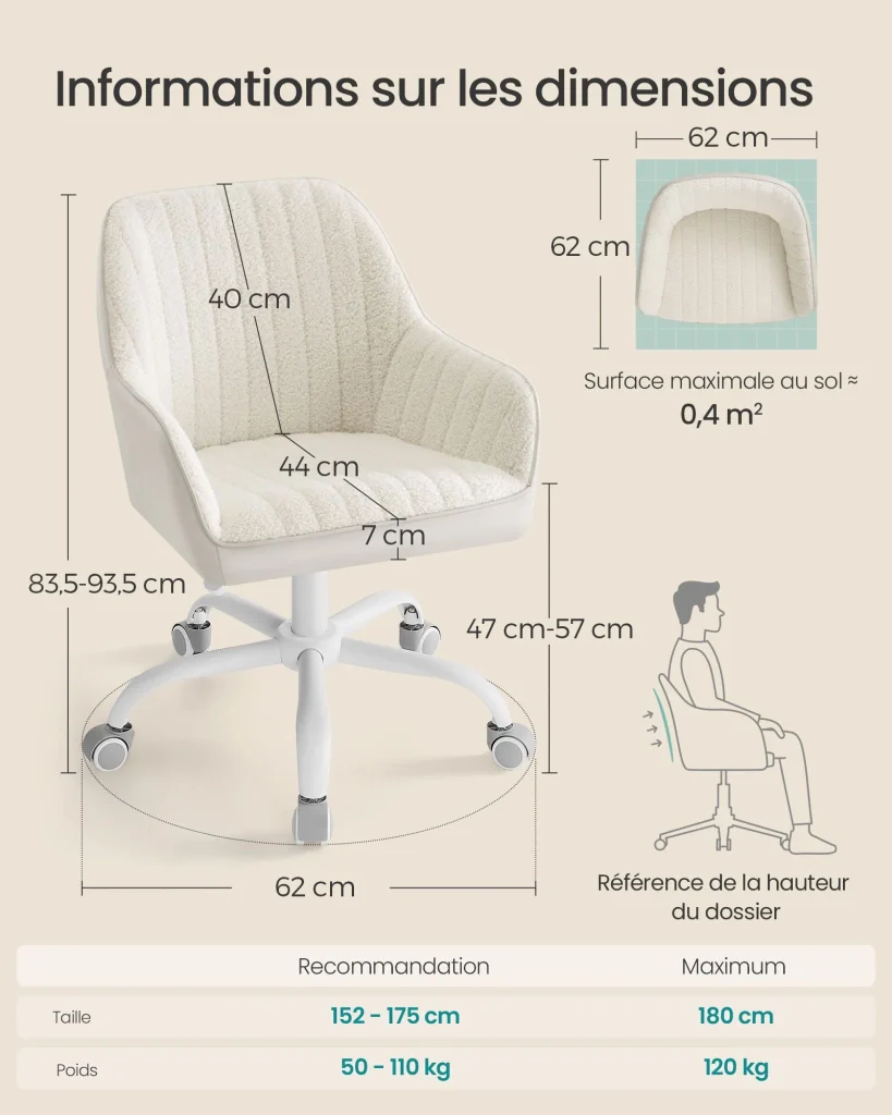 Sedia da ufficio con superficie in velluto sedia girevole seduta ergonomica imbottitura in schiuma altezza regolabile beige 12_0004852 - Image 6