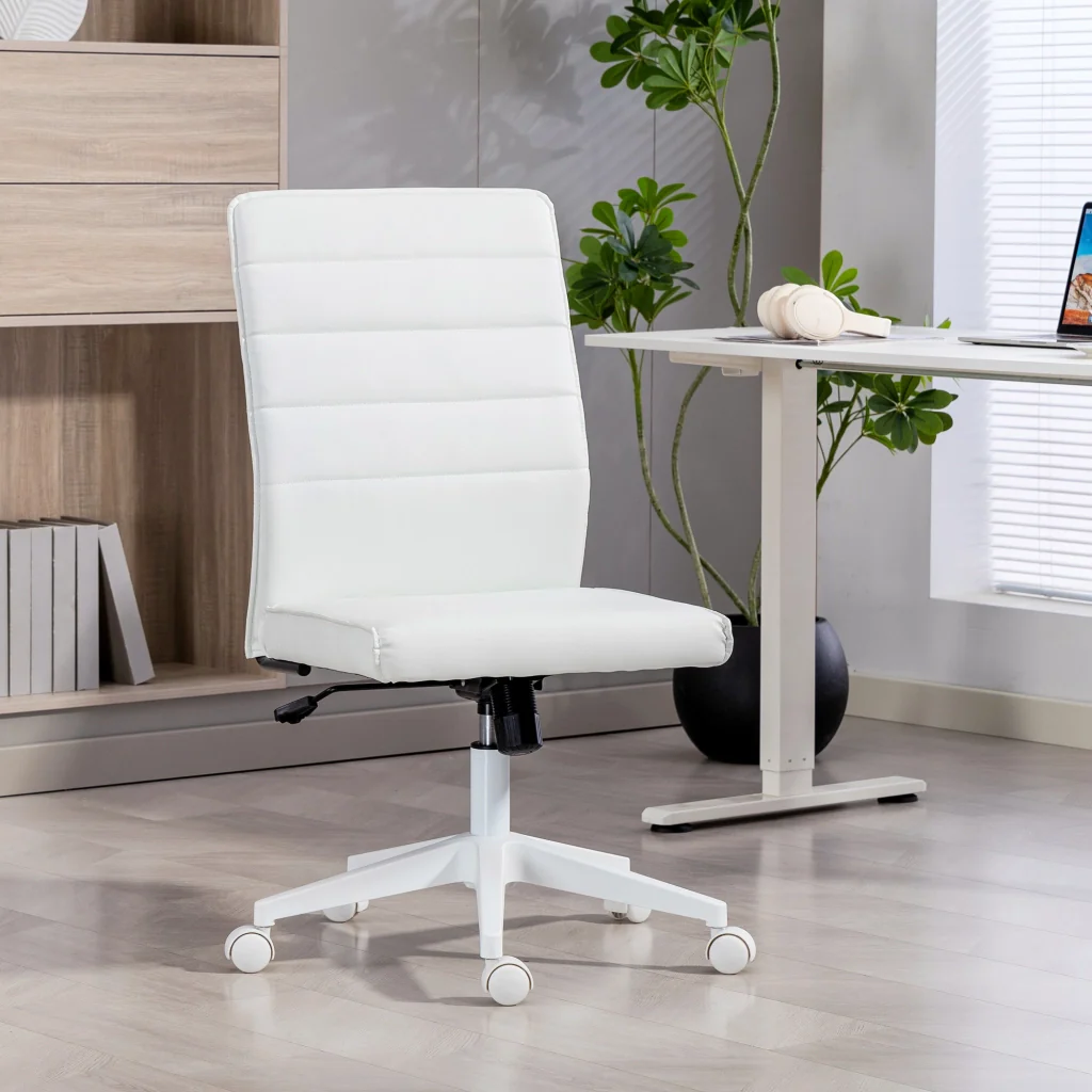 Sedia da Ufficio Ergonomica e Regolabile 58x53x97-107 cm con Schienale Ricurvo in Pelle PU e Acciaio Bianco - Image 2