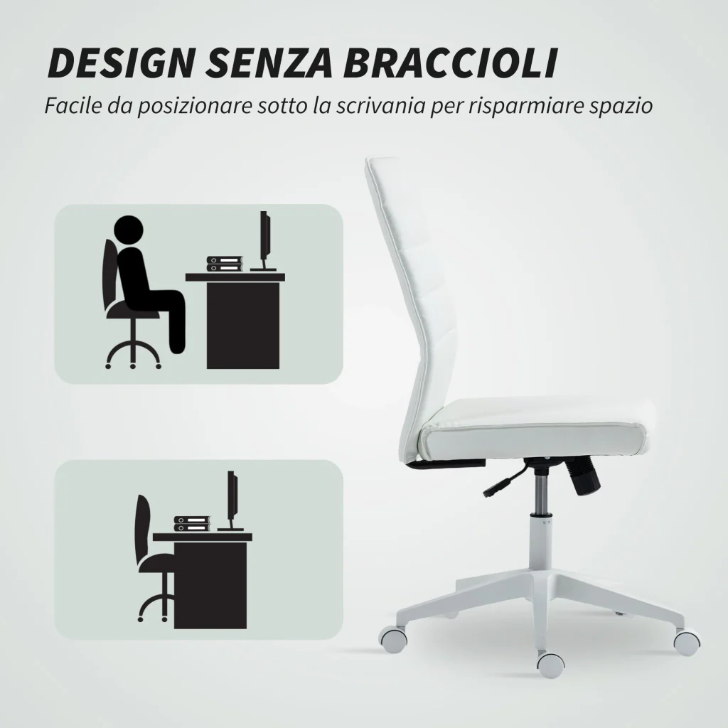 Sedia da Ufficio Ergonomica e Regolabile 58x53x97-107 cm con Schienale Ricurvo in Pelle PU e Acciaio Bianco - Image 6