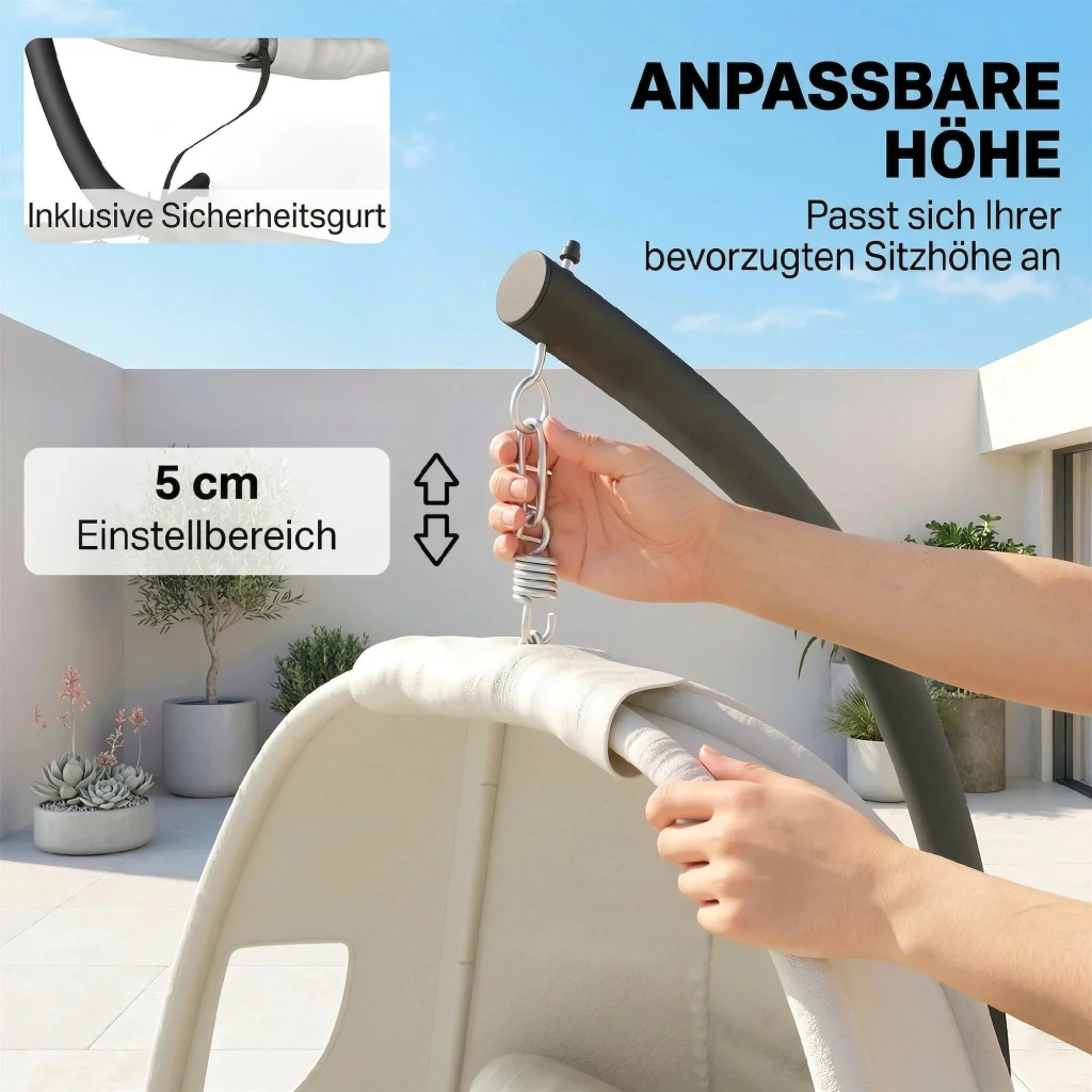 Sedia sospeso con telaio cesto pieghevole con cuscini spessi altezza regolabile cintura di sicurezza fino a 120 kg - Image 8