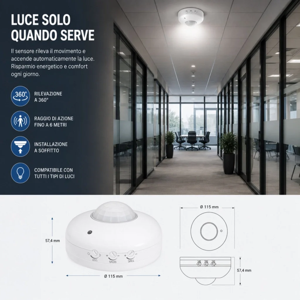 Sensore di Movimento PIR 360° da Soffitto, IP20, Regolazione TIME SENS LUX - Image 3