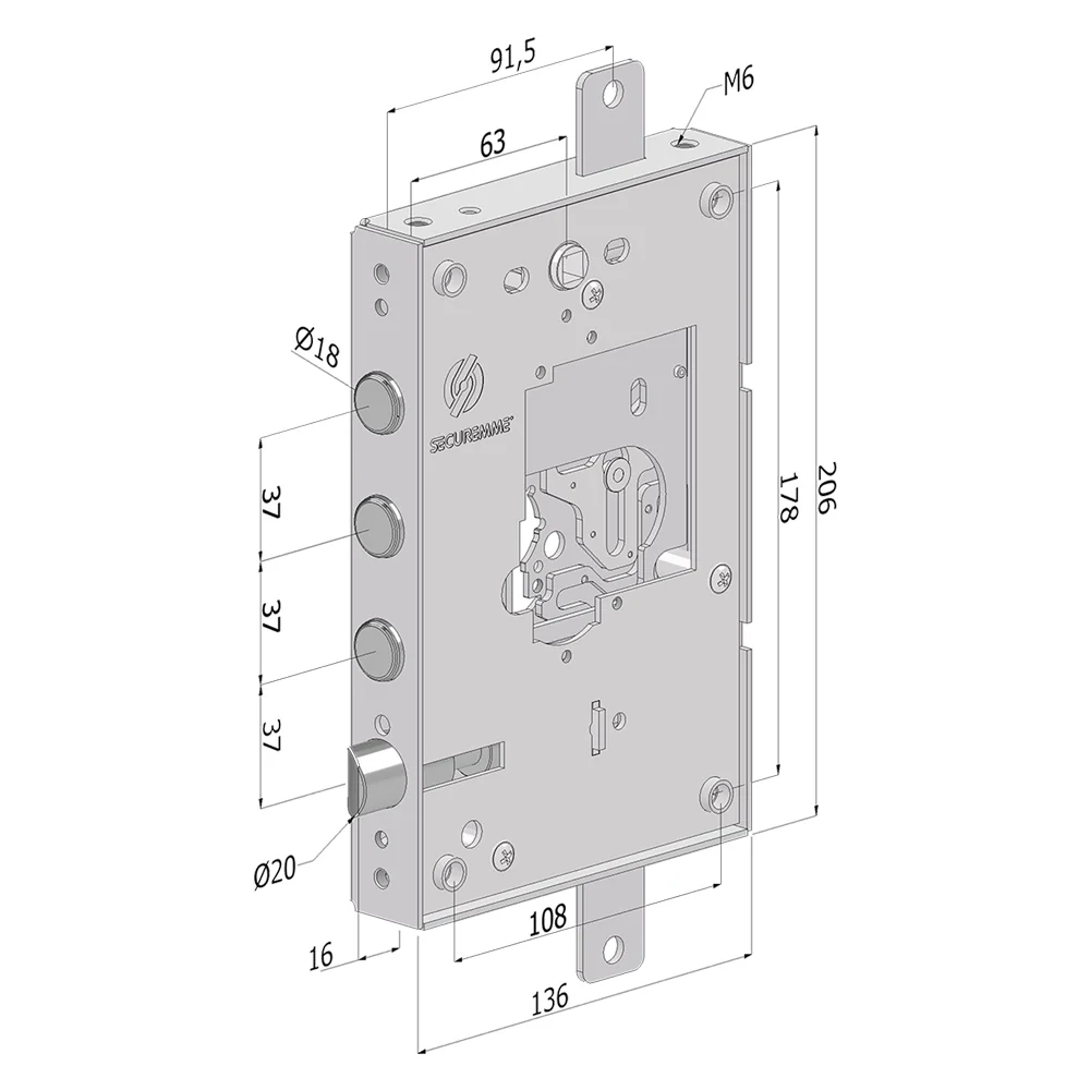 SERRATURA DA APPLICARE TRIPLICE PER PORTE BLINDATE SENZA NUCLEO '250' interasse pistoni 37 mm  - DX  - SECUREMME