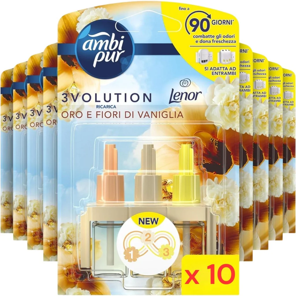 SET 10 AMBI PUR RICARICHE PER DIFFUSORE ELETTRICO 3VOLUTION FRAGRANZA ORO E FIORI DI VANIGLIA