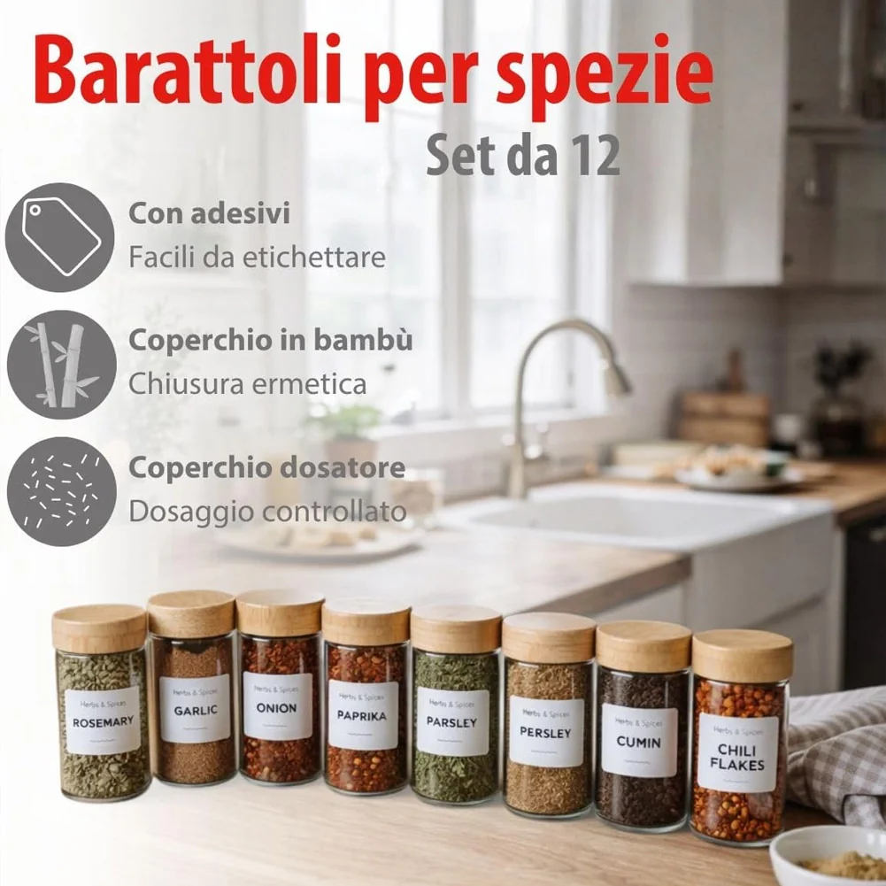 Set 12 Barattoli Portaspezie con Dosatore e Etichette Organizer da Cucina - Image 6