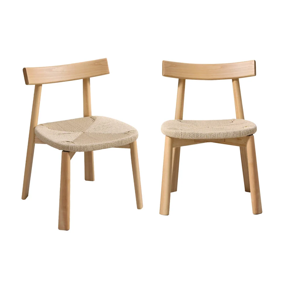 Set 2 sedie scandinave legno hevea seduta in corda, marrone naturale