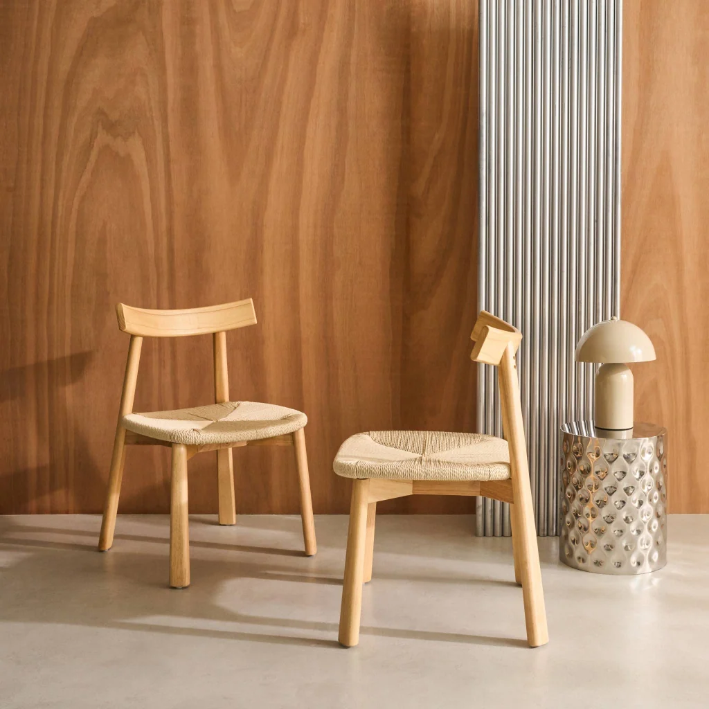 Set 2 sedie scandinave legno hevea seduta in corda, marrone naturale - Image 2