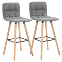 Set 2 Sgabelli da Bar con Schienale e Poggiapiedi, Seduta Imbottita in Tessuto e Gambe in Legno, 41.5x47x97.5, Grigio