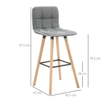 Set 2 Sgabelli da Bar con Schienale e Poggiapiedi, Seduta Imbottita in Tessuto e Gambe in Legno, 41.5x47x97.5, Grigio - Image 3