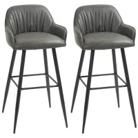 Set 2 Sgabelli da Bar Moderni con Poggiapiedi e Schienale, Finta Pelle PU e Acciaio, Grigio