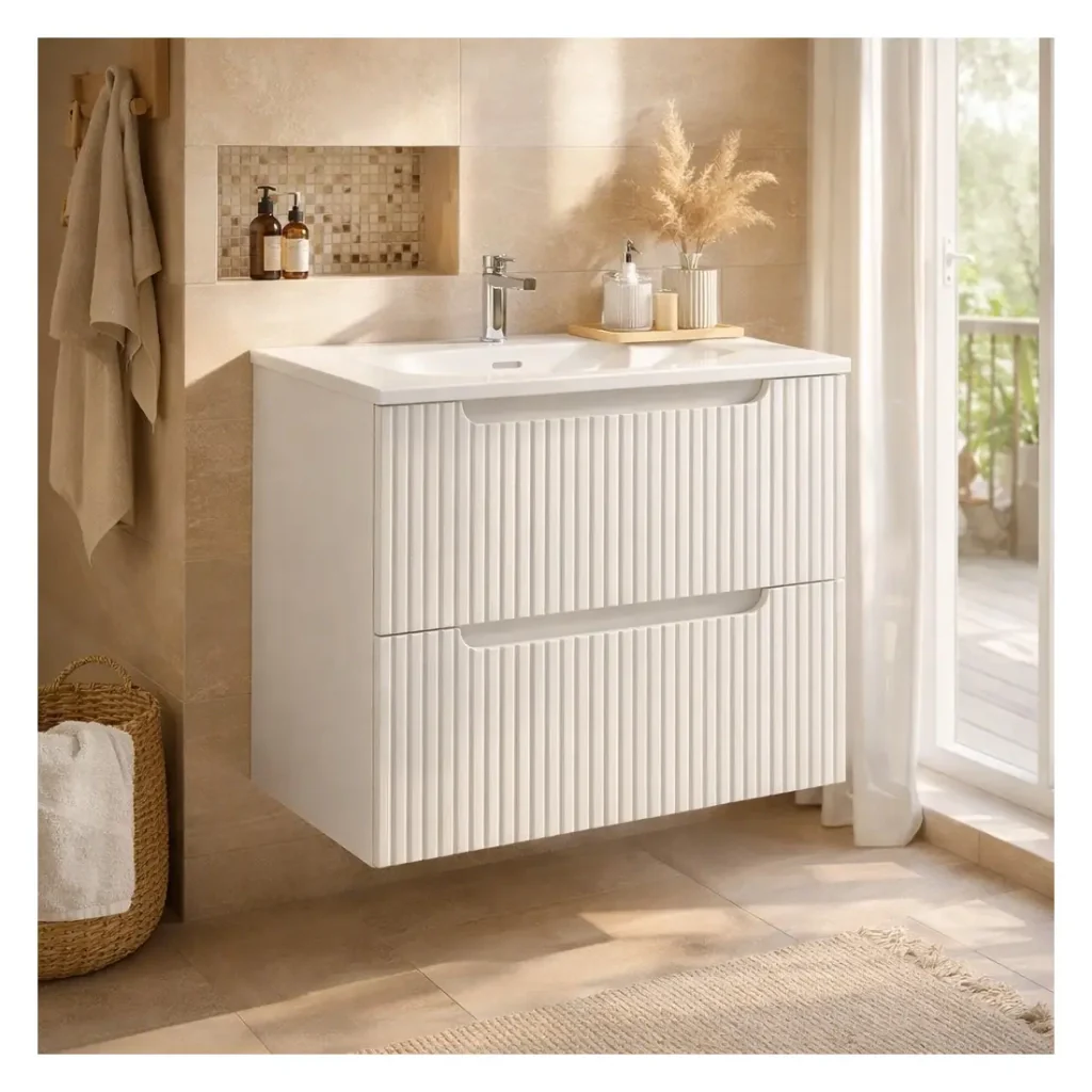 Set bagno sospeso VANO bianco 60cm: mobile sottolavabo con cassetti scanalati + lavabo incassato bianco - Image 2