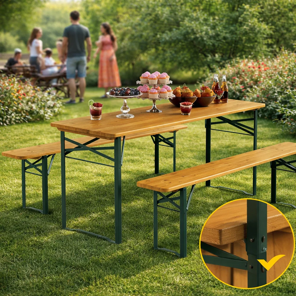 Set Birreria con Tavolo 170 cm e 2 Panche Legno Abete Interno Esterno Pieghevole - Image 3