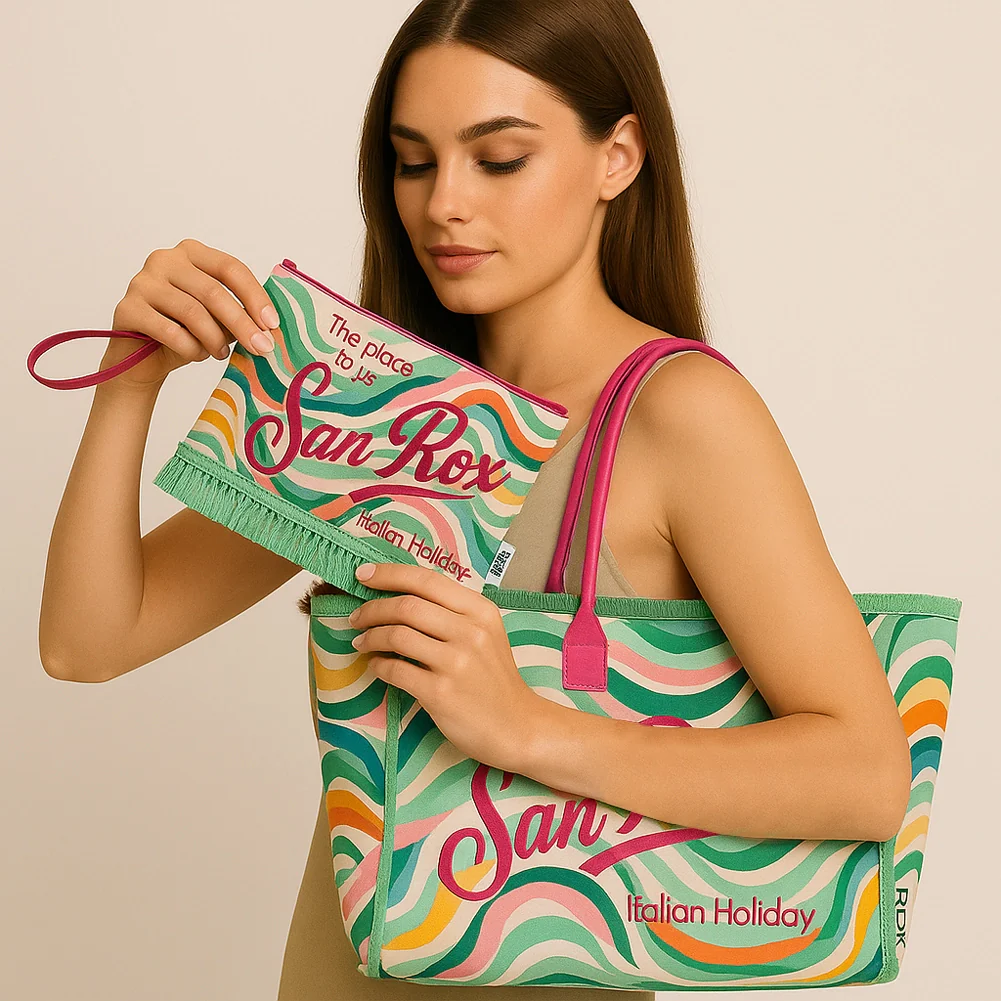Set Borsa e Pochette Mare Design Fantasy con Frange Borsetta Organizer da Mare - Image 6